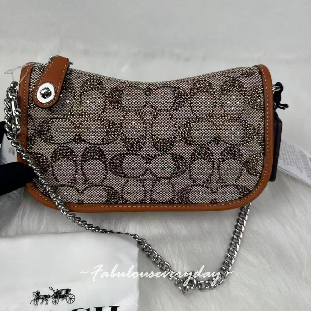 Coach Swinger 20 Crystal Bag In Signature Jacquard Burnished Amber NWT - Picture 2 of 10